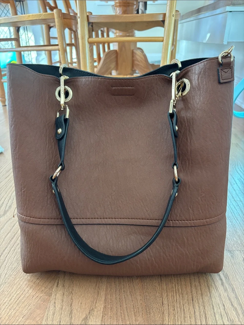 Calvin Klein Black/Brown Reversible Tote with Gold-Tone Hardware